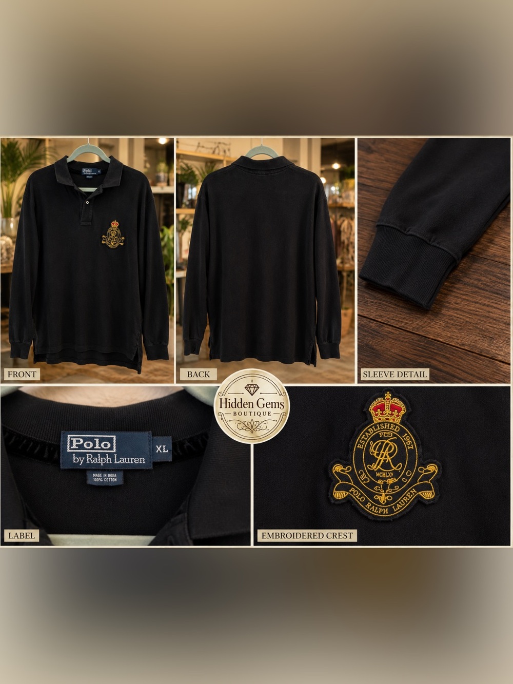 Ralph Lauren Black Long-Sleeve Polo with Gold Crest - Picture 2 of 9